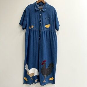 Vintage 90’s denim maxi jumper dress country chicken rooster patchwork appliqués